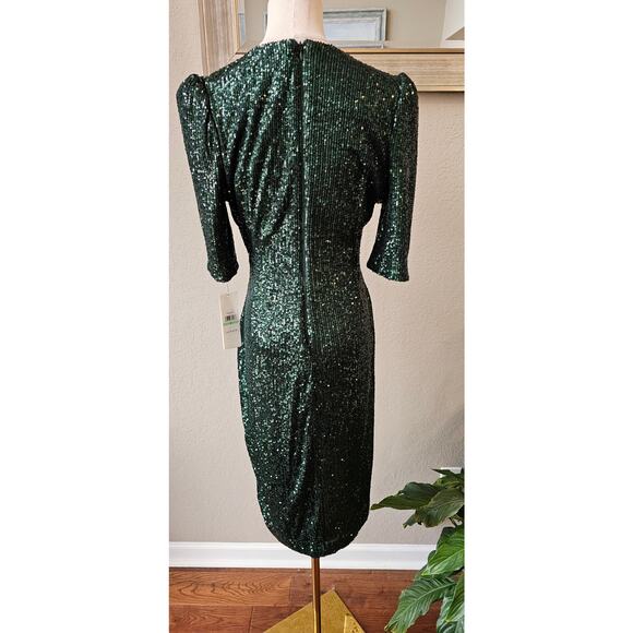 NWT Calvin Klein‎ Ruched Sequined Cocktail Wrap Sheath Dress Women Size 8 Green - Picture 3 of 7